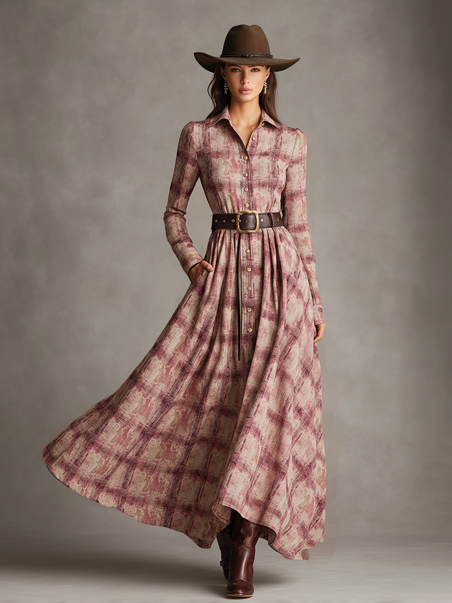 Retro Western Pink Long-Sleeved Maxi Dress