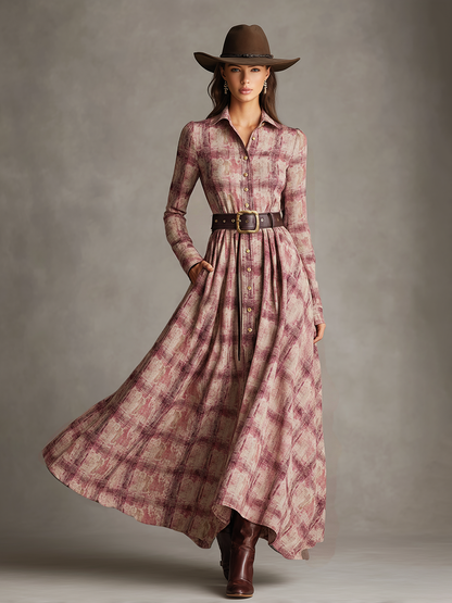 Retro Western Pink Long-Sleeved Maxi Dress