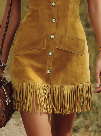 Western-style Vintage V-neck Fringed Faux Suede Mini Dress
