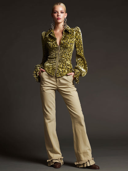 Casual Retro Leopard Print Moss Green Velvet Pleated Zipper Long-Sleeve Shirt