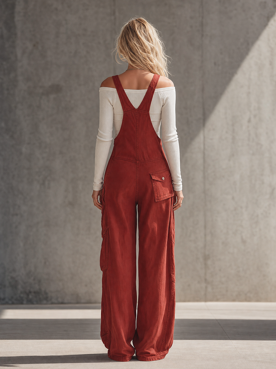 Retro Workwear Adjustable-strap Fringe Distressed Wide-leg Overalls