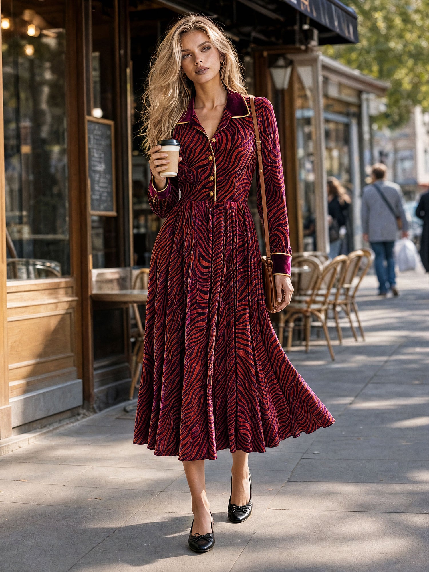 Stylish And Elegant Zebra-print Burgundy Velvet Midi Dress