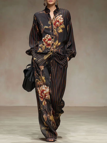 Retro Striped Peony Print Black Chiffon Long-sleeved Shirt And Wide-leg Pants Set