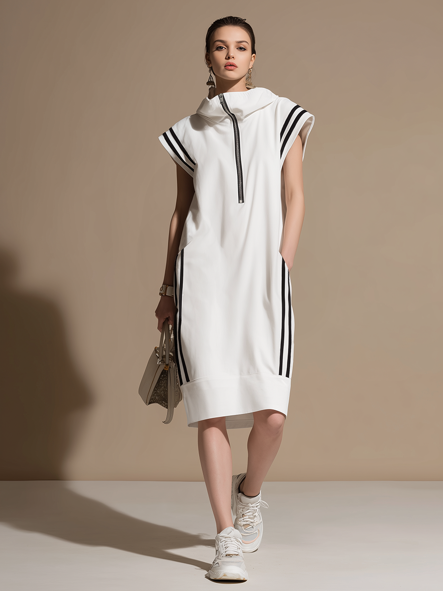 Retro Sporty Color-blocked Striped Sleeveless Midi Dress