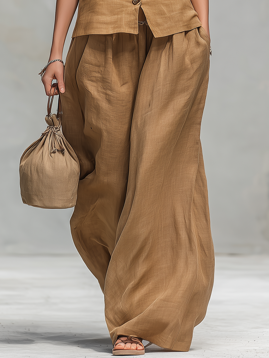 Comfortable And Casual V-neck Sleeveless Button-down Top And Trousers Set