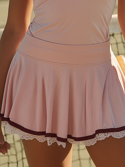 Retro Sporty Color-blocked Sleeveless Top And Lace Skirt Set