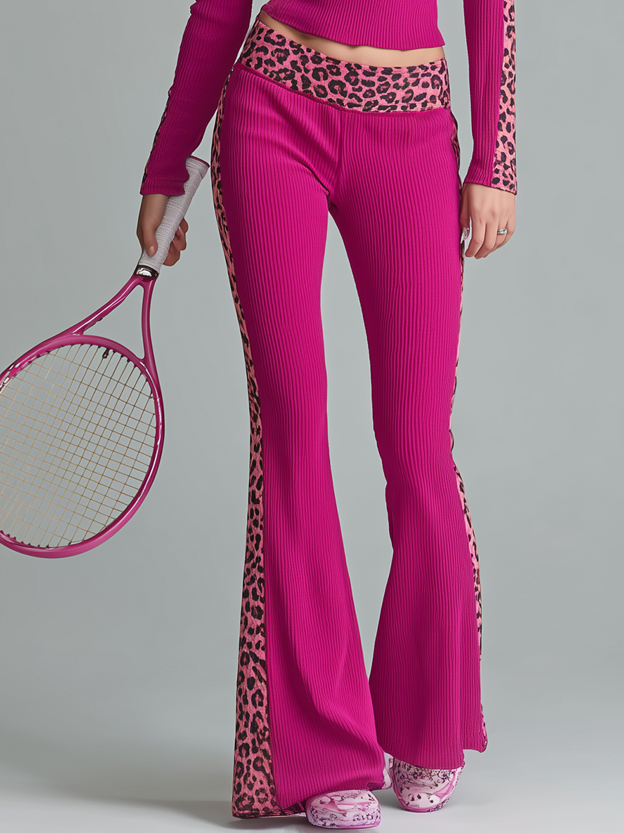 Retro Charming Sporty Style Leopard Print Hooded Top And Flared Pants Set