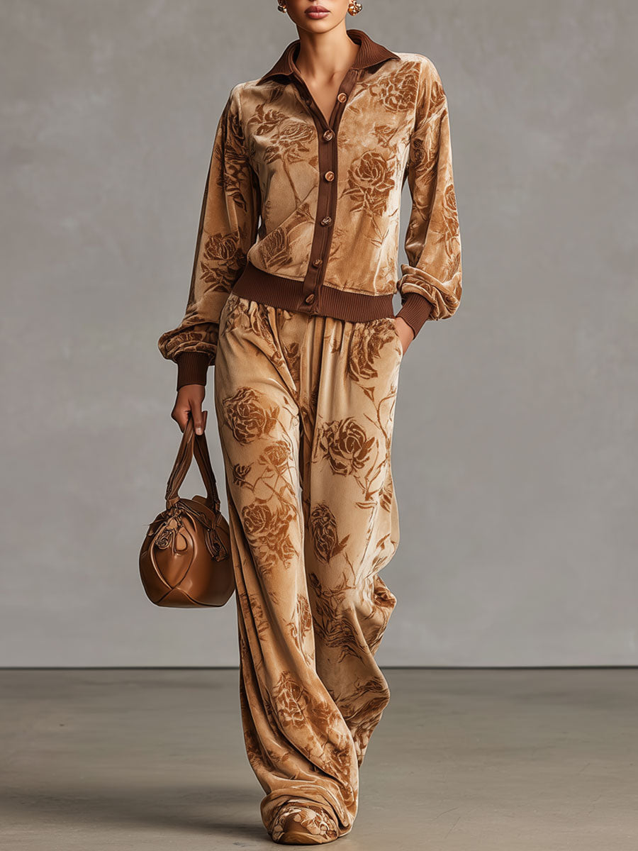 Sporty Retro Camel Rose Velvet Cardigan Sweatshirt Wide-Leg Pants Set