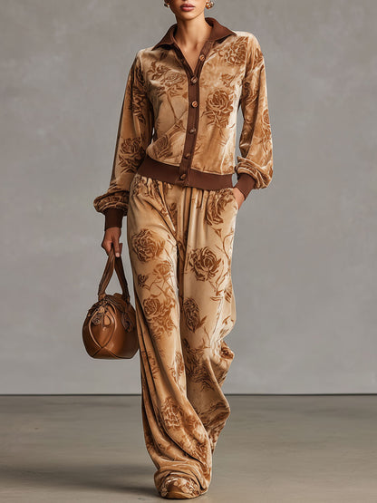 Sporty Retro Camel Rose Velvet Cardigan Sweatshirt Wide-Leg Pants Set