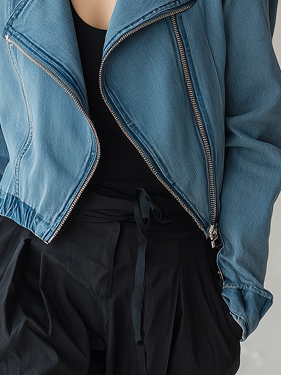 Casual And Stylish Collared Zip-up Blue Denim Jacket