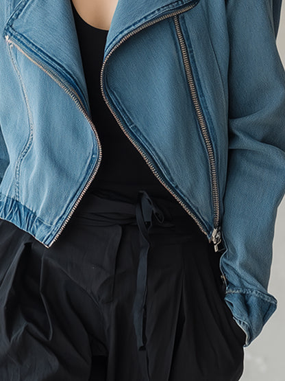 Casual And Stylish Collared Zip-up Blue Denim Jacket