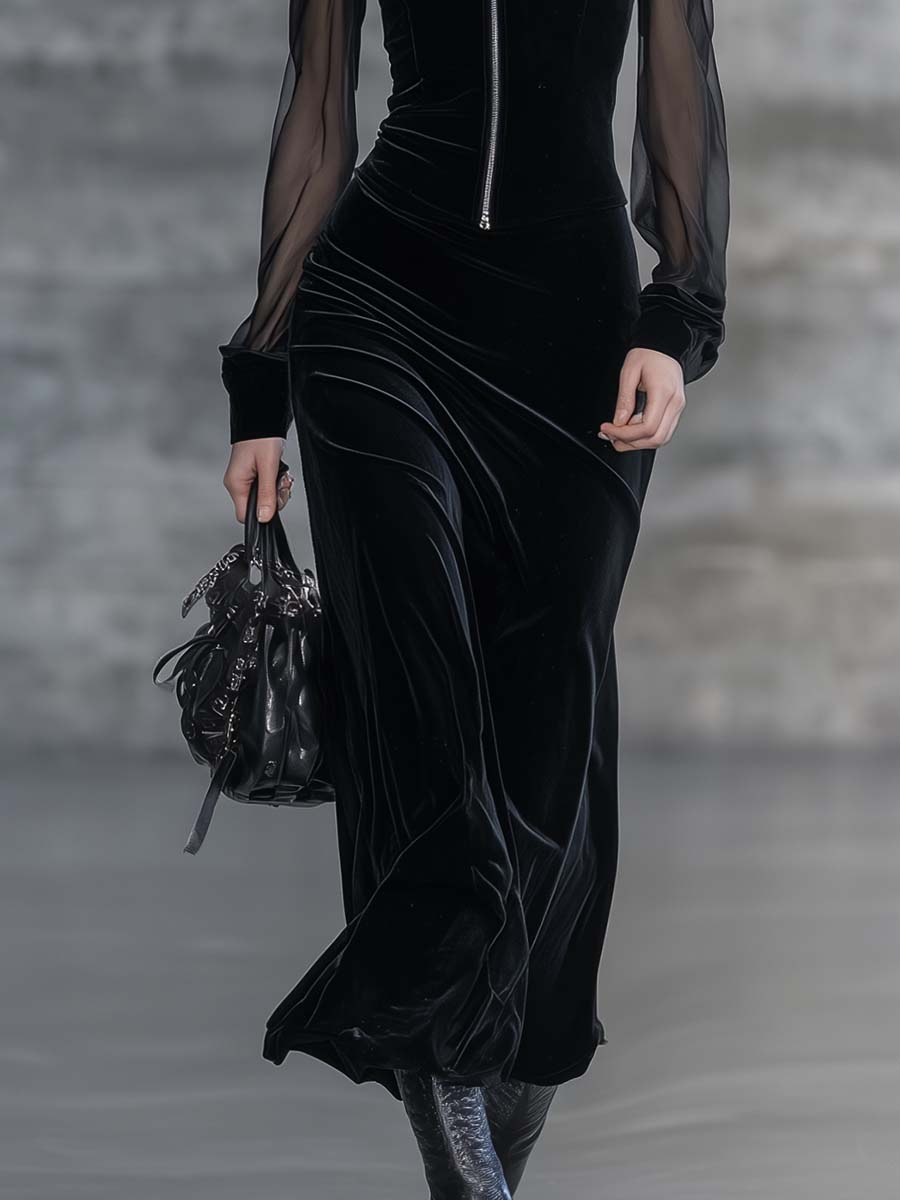 Elegant Classic Versatile Stand-up Collar Front Zipper Sheer Long-sleeved Black Velvet Maxi Dress
