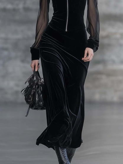 Elegant Classic Versatile Stand-up Collar Front Zipper Sheer Long-sleeved Black Velvet Maxi Dress