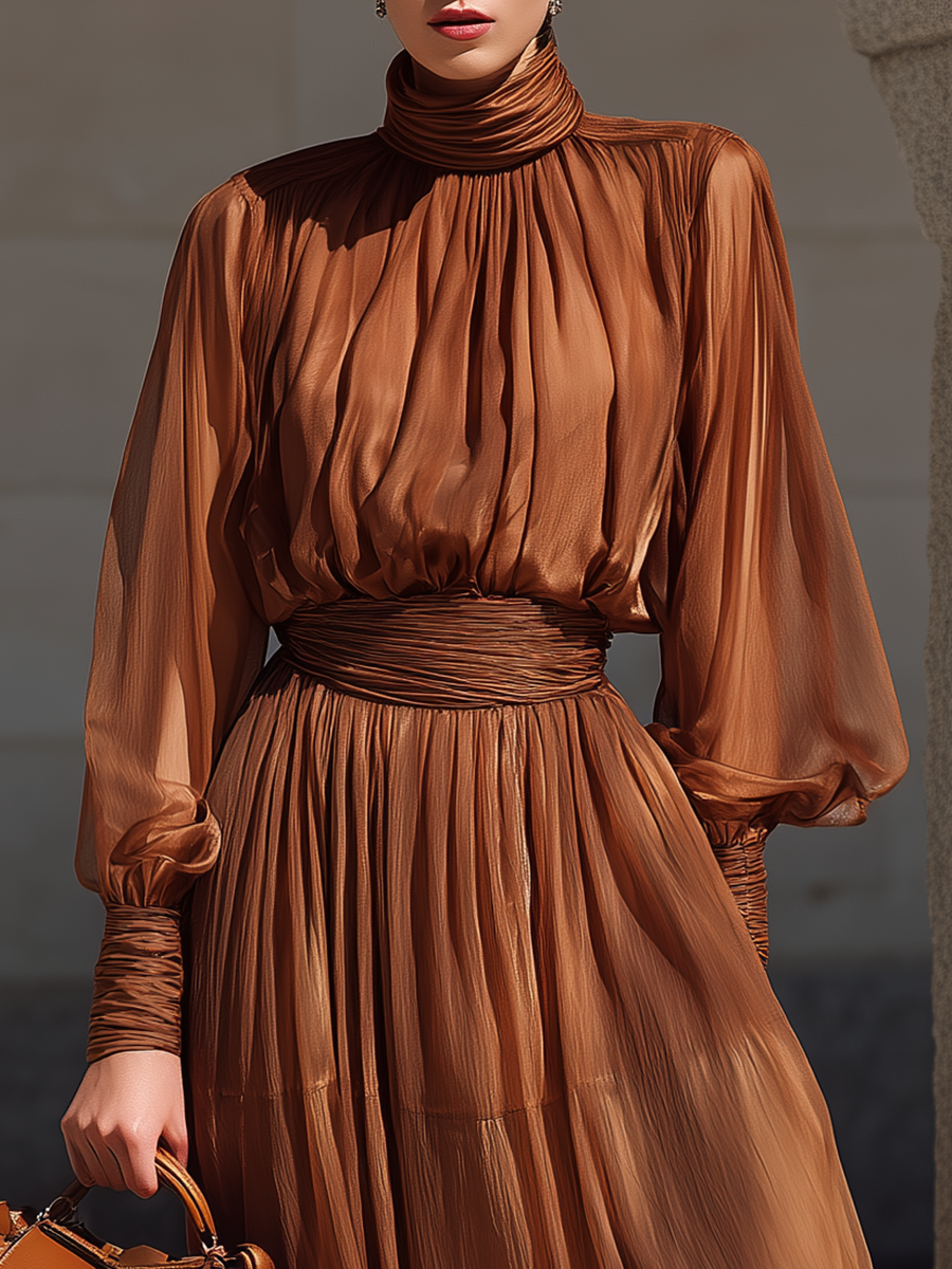 Elegant Stylish Stand-up Collar Lantern Sleeve Chiffon Maxi Dress