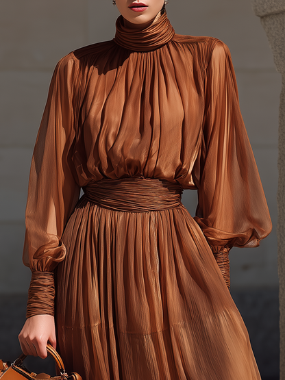 Elegant Stylish Stand-up Collar Lantern Sleeve Chiffon Maxi Dress