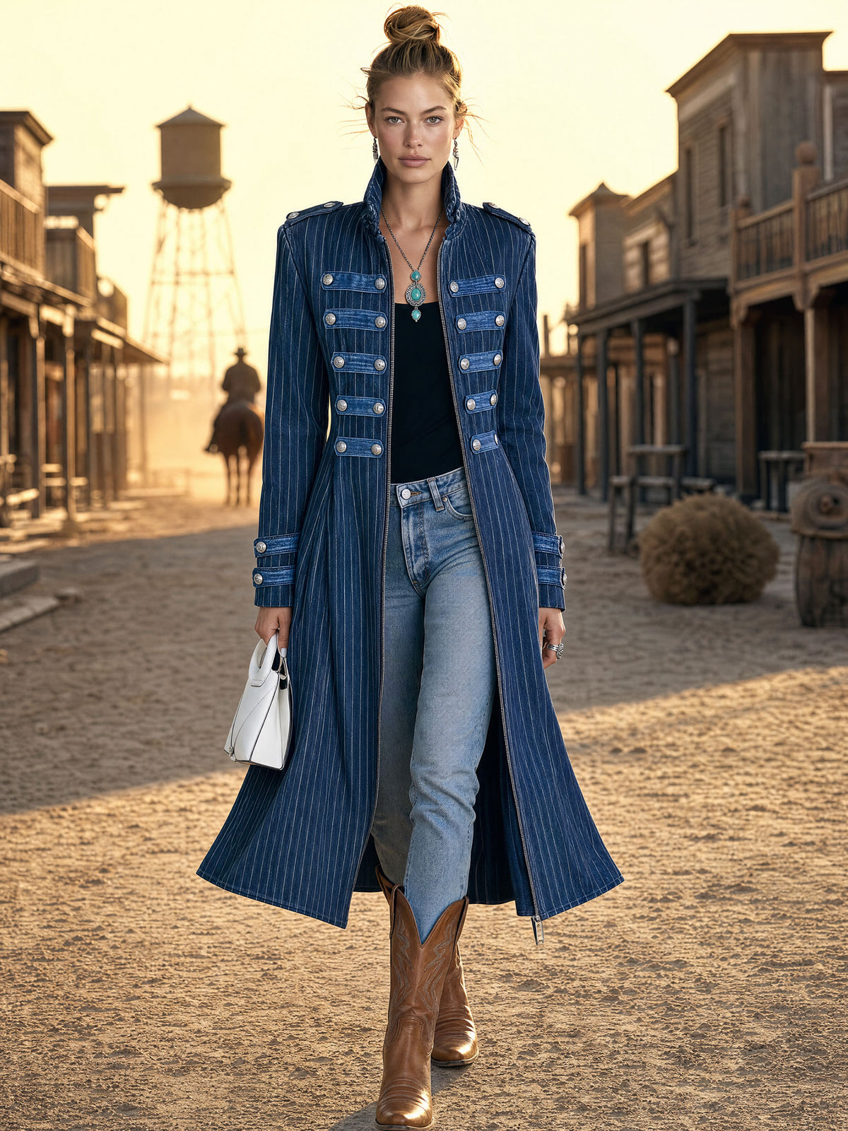 Military Officer Retro Zipper Metal Button Striped Denim Slim Fit Long Coat