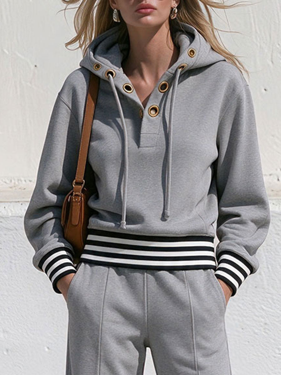 Retro Sporty Grey Cotton Eyelet Hoodie And Pants Set
