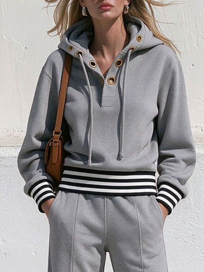 Retro Sporty Grey Cotton Eyelet Hoodie And Pants Set