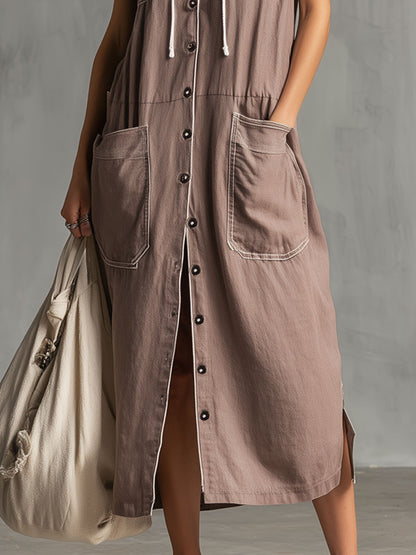 Casual Retro Mauve Cotton Linen Sleeveless Hooded Midi Dress