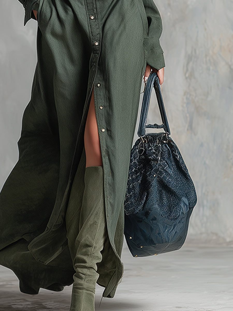 Retro-elegant Dark Green Lapel Button-down Maxi Dress