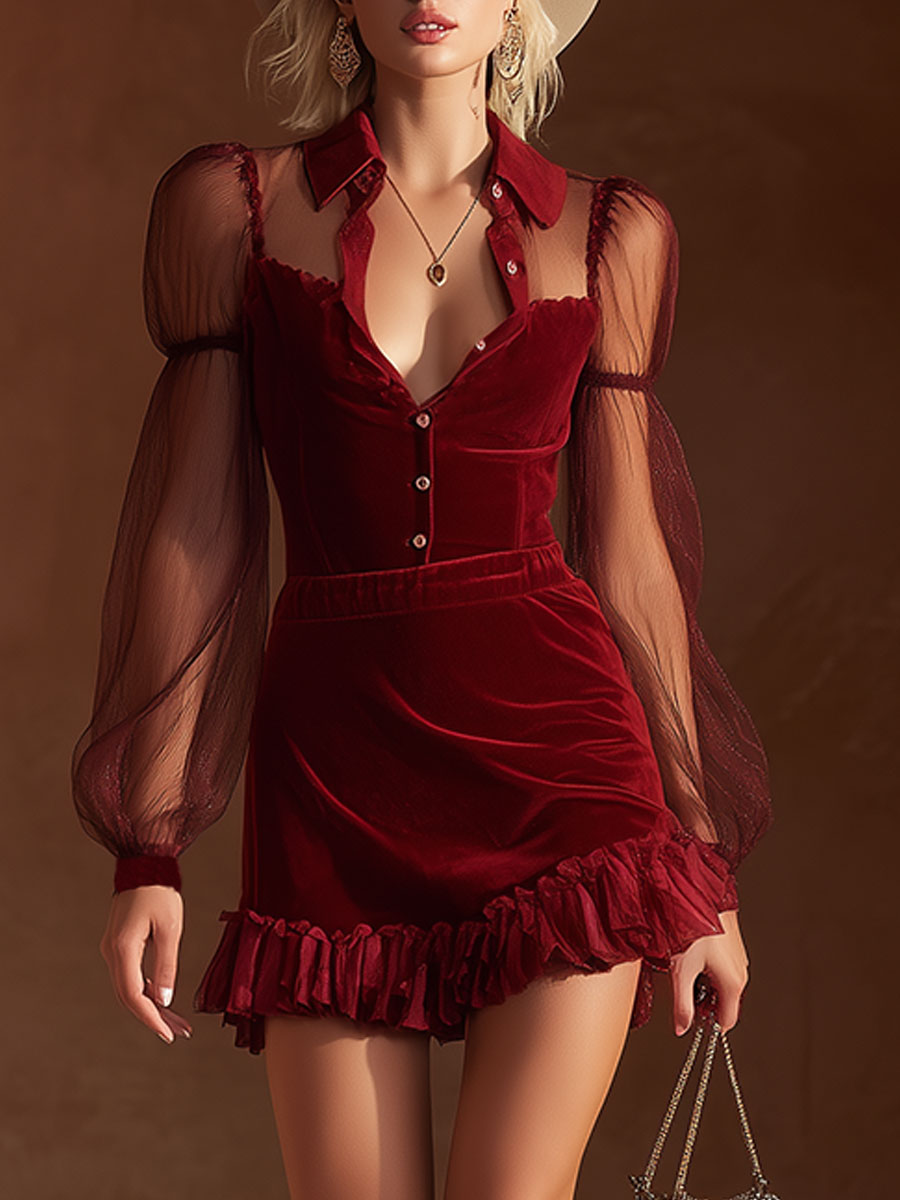 Stylish Vintage Sheer Red Velvet V-neck Mini Dress