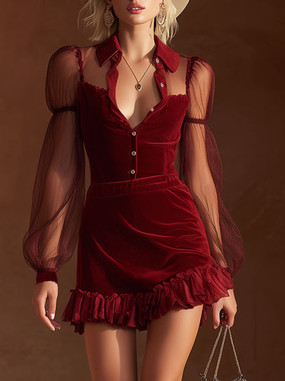 Stylish Vintage Sheer Red Velvet V-neck Mini Dress