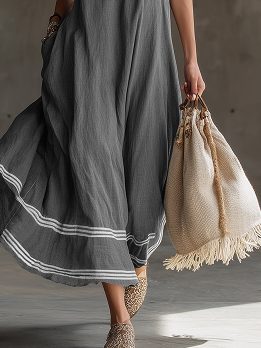 Elegant And Casual Striped Trim Gray Cotton And Linen Sleeveless Maxi Dress