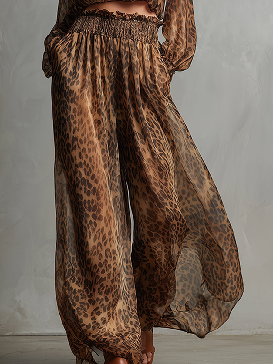 Urban Brown Leopard Print T-shirt And Wide-leg Pants Set
