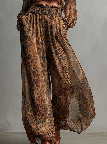 Urban Brown Leopard Print T-shirt And Wide-leg Pants Set