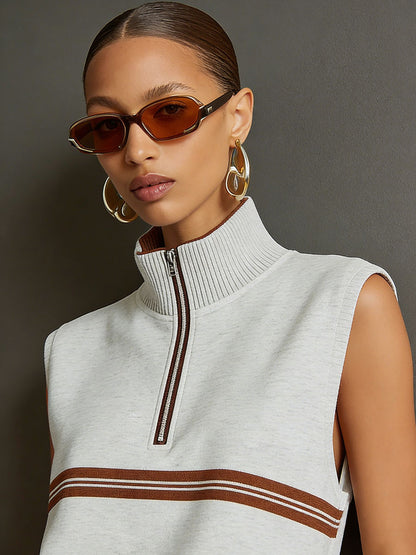 Retro Sporty Grey And White Half-zip Sleeveless Sweatshirt And Shorts Set