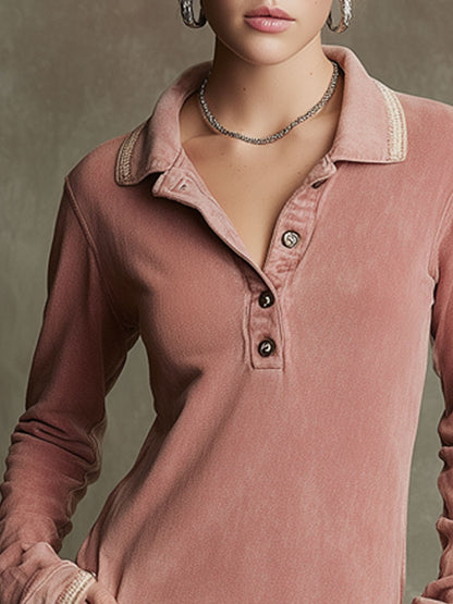 Retro-style Ribbon Long-sleeved Pink Washed Cotton Polo Mini Dress