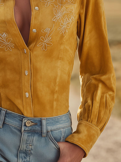 Western Retro Yellow Faux Suede Embroidered Long-Sleeved Shirt