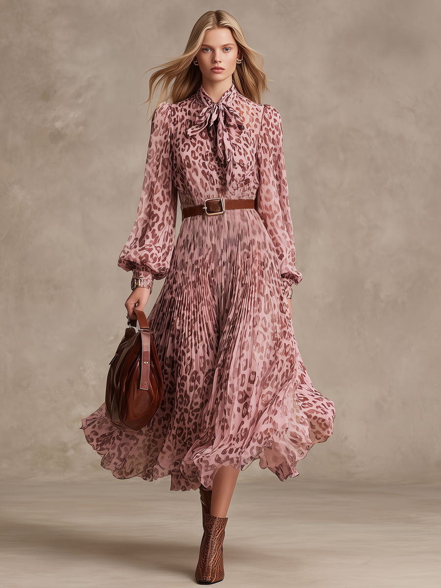 Fashionable Retro Leopard Print Pink Chiffon Pleated Long-sleeved Midi Dress