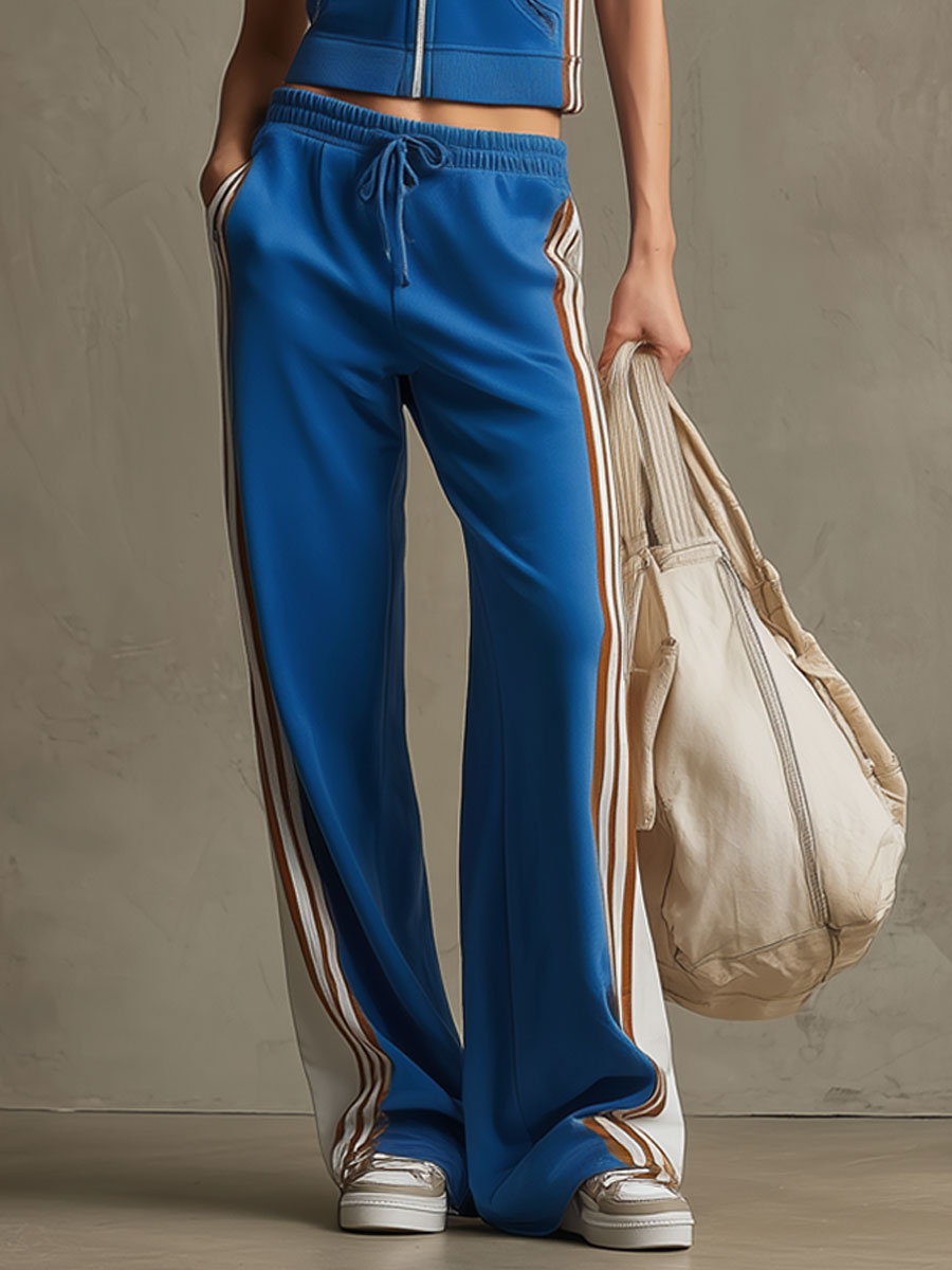 Sporty Retro Ribbon Royal Blue Sleeveless Embroidered Sweatshirt And Wide-Leg Pants Set