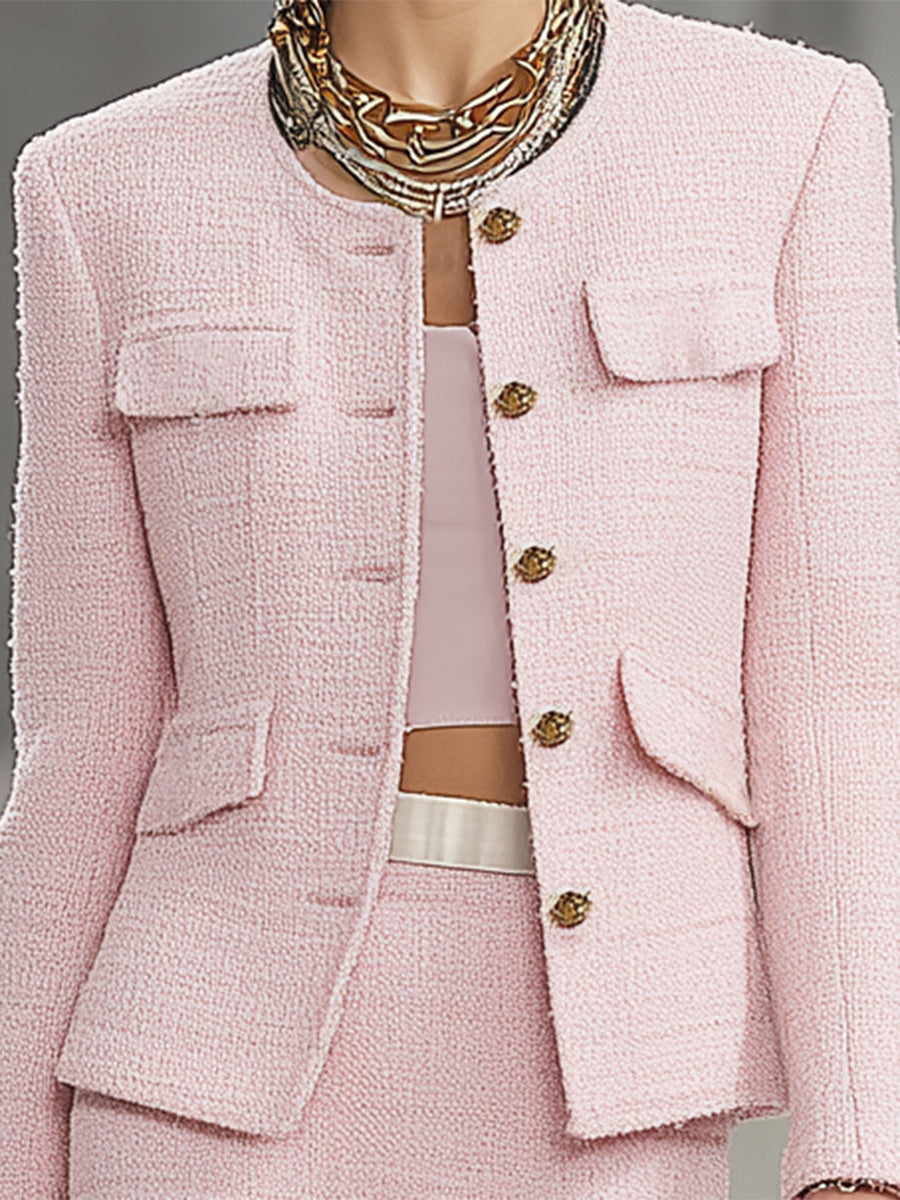 Pink Tweed Crew Neck Coat And Skirt Set