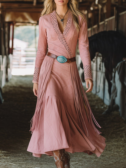 Western-style Pink Faux Suede Patchwork Polka Dot Tassel Maxi Dress
