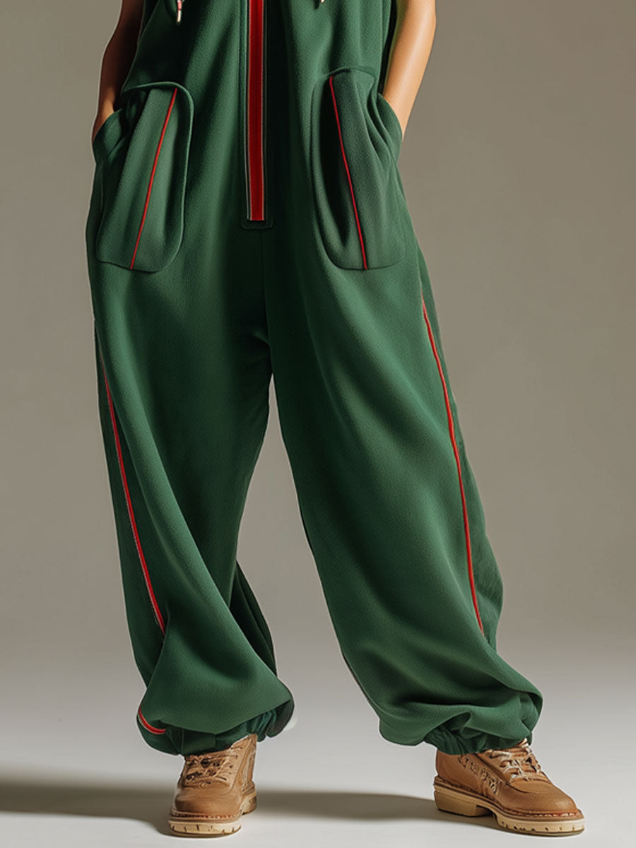 Loose-fitting Retro Sporty Dark Green Hooded Short-sleeved Jumpsuit