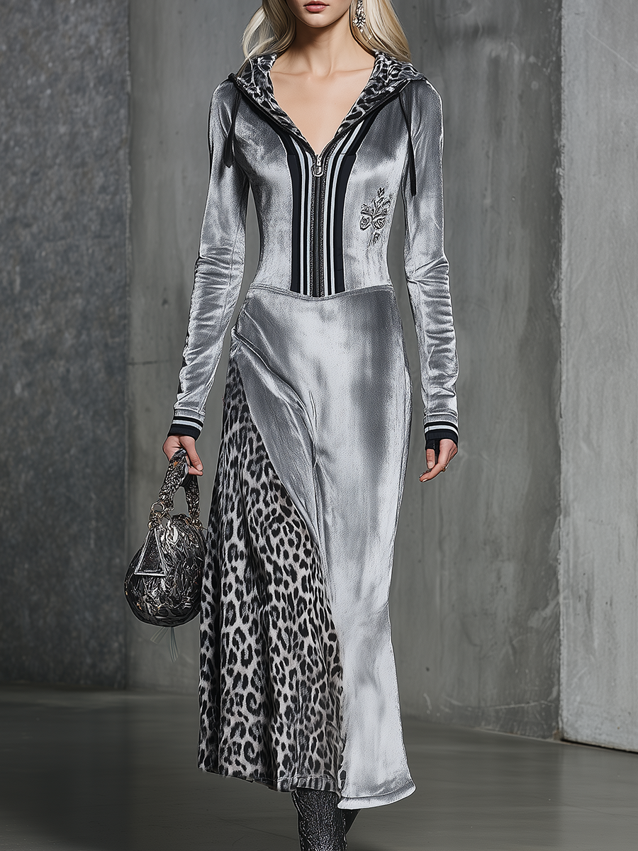 High-end Chic Hooded Leopard Print Silver Maxi Dress