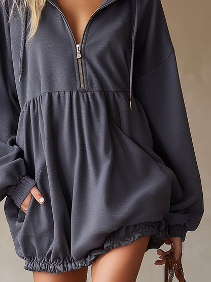Casual Loose-fitting Zipper Gray Hooded Mini Dress