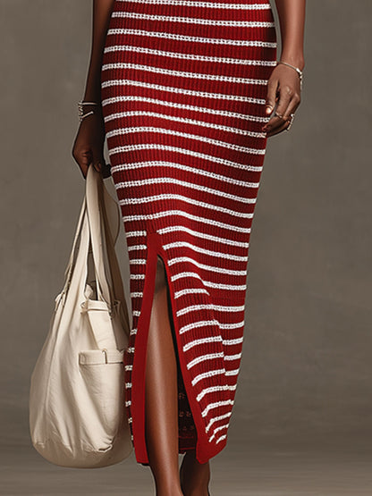 Fashionable Retro Red And White Striped Knit Sleeveless Maxi Dress