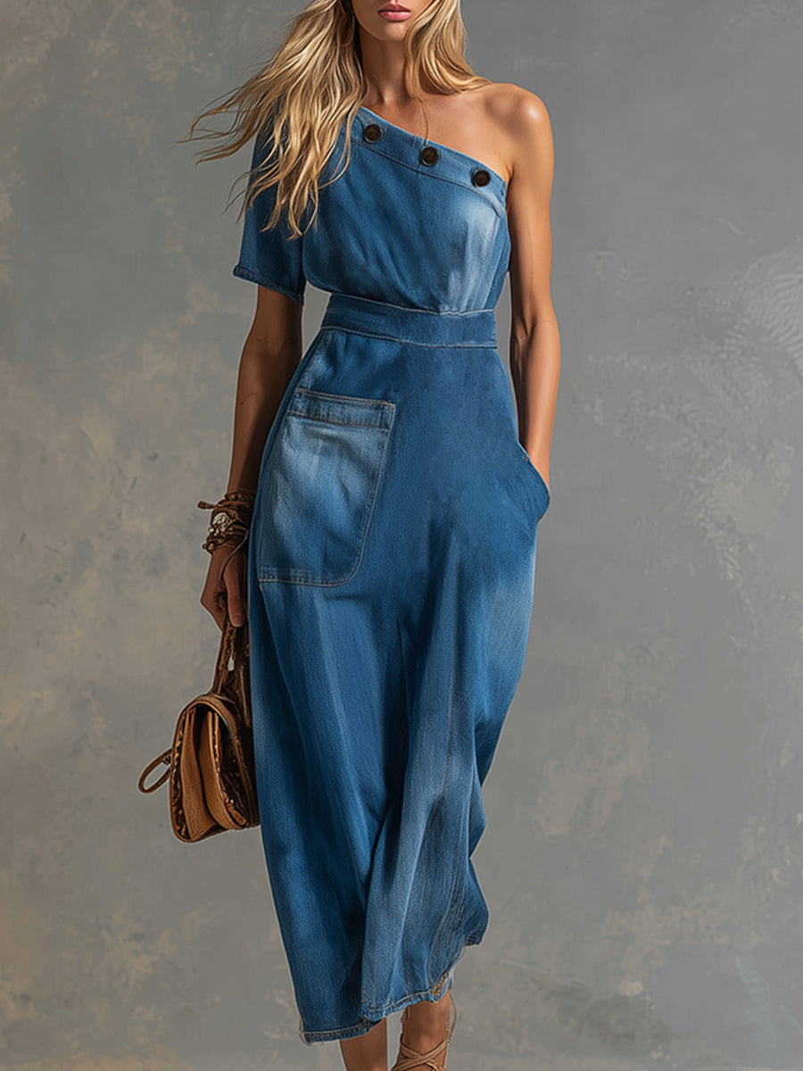 Stylish Urban Blue Denim One-shoulder Short-sleeved Maxi Dress