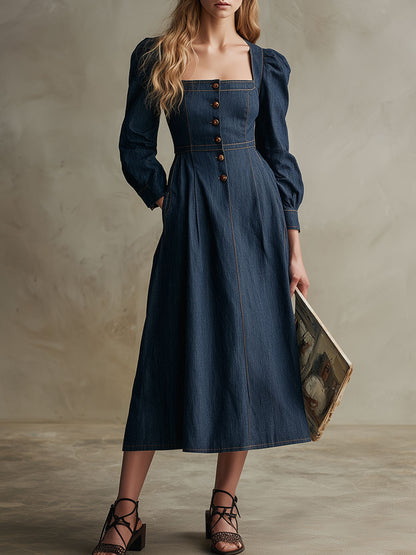 Fashionable Retro Navy Blue Denim Square Neck Long-sleeved Midi Dress