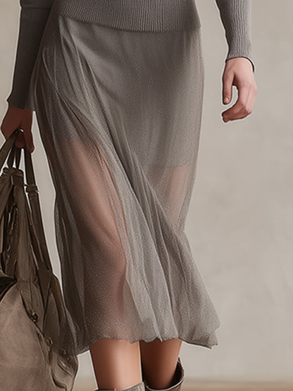 Fashionable Sporty Gray Sweatshirt With Tulle Skirt Midi Dress