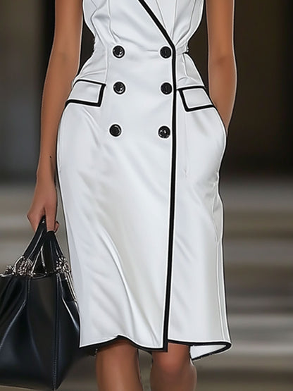 Fashionable Black Trim White Satin Short Sleeve Trench Mini Dress