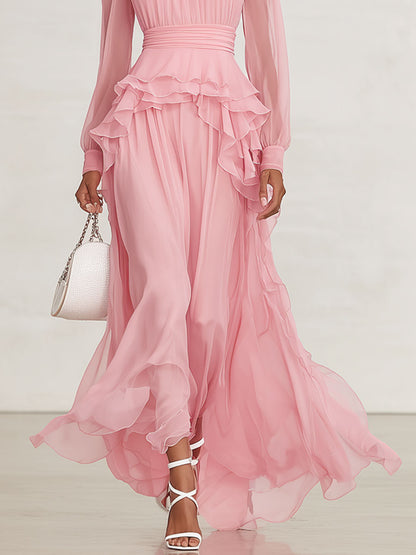 Pink High-neck Ruffled Chiffon Long-sleeved Maxi Dress