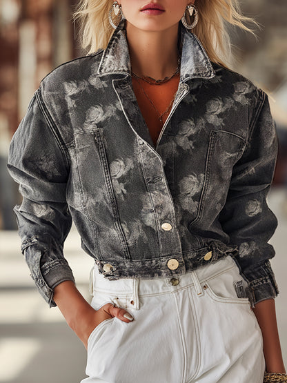 Casual And Stylish Rose Print Gray Denim Cropped Jacket