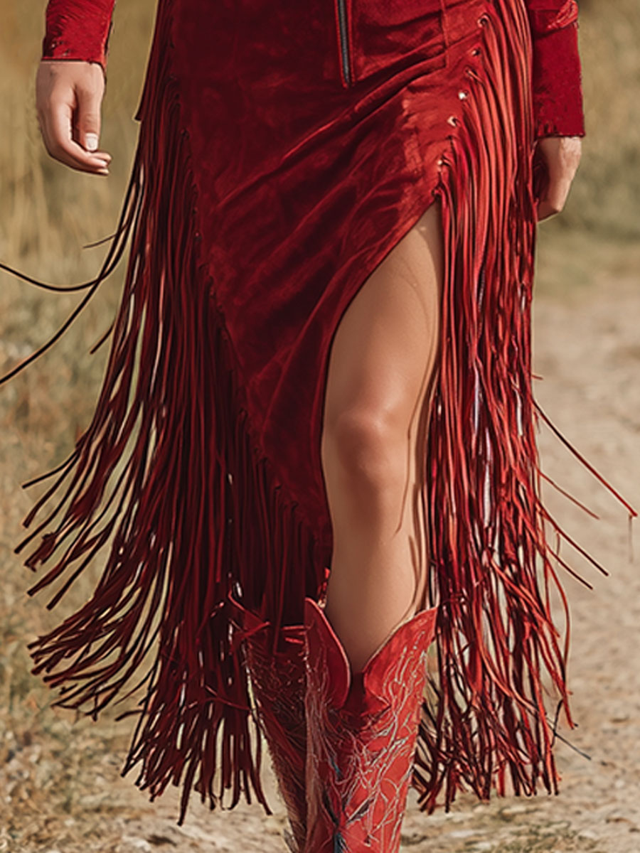 Western Style Vintage Embroidered Red Fringed Faux Suede Midi Dress