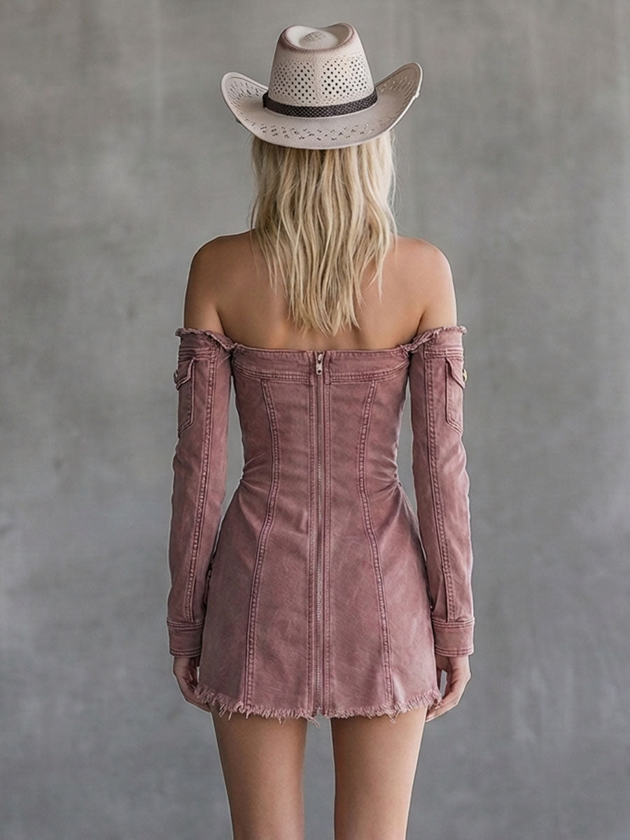 Off-Shoulder Double-Breasted Distressed Denim Dress – Fitted Frayed-Hem Mini