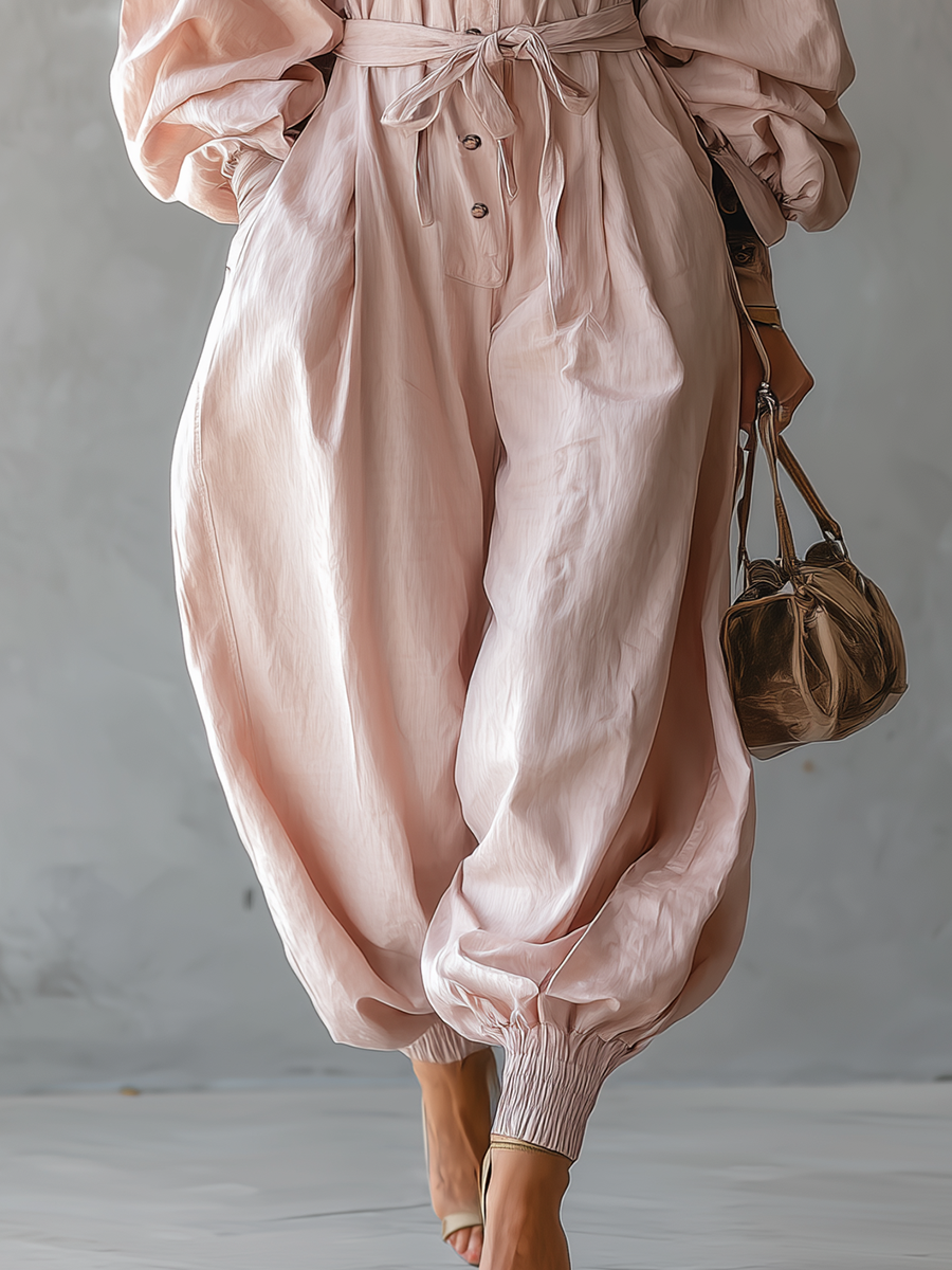 Casual And Stylish Round-neck Tulip-shaped Light Pink Jumpsuit