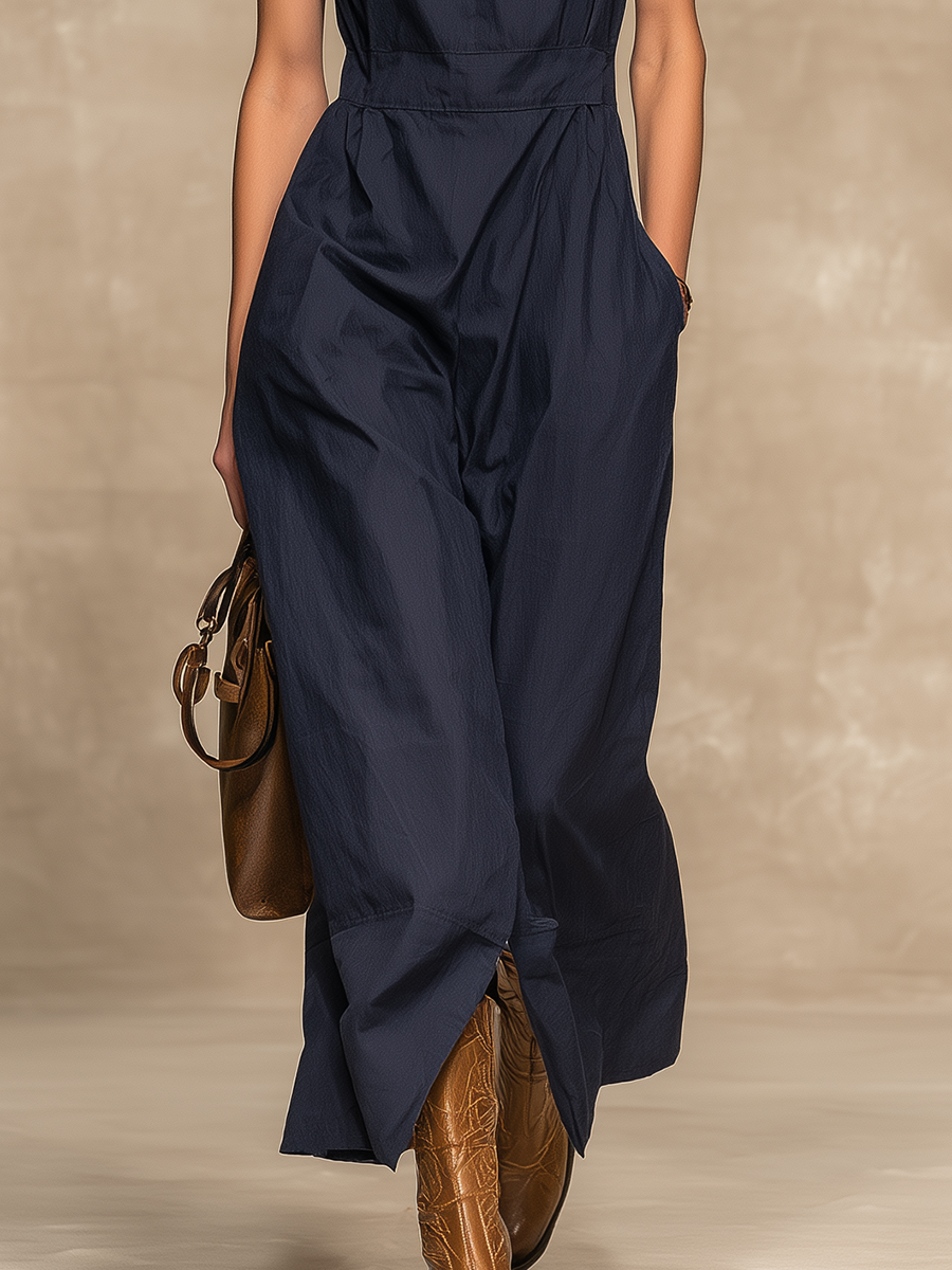 Retro Casual Zipper Stand Collar Sleeveless Midi Dress